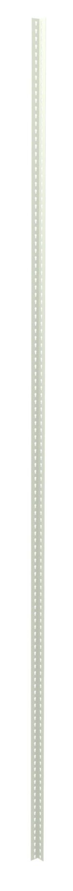 A long, narrow piece of vertical metal with a series of evenly spaced small holes running along its length, against a white background.