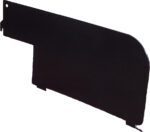 A black, flat, L-shaped metal bracket with rounded edges on one side and small cut-outs along the other, isolated on a white background.