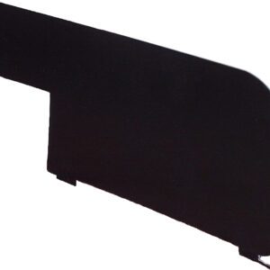 A black, flat, L-shaped metal bracket with rounded edges on one side and small cut-outs along the other, isolated on a white background.