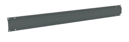 A long, dark gray metal bar with a rectangular shape, featuring small holes at evenly spaced intervals along its edges. The bar has a slight indentation running lengthwise down its center.