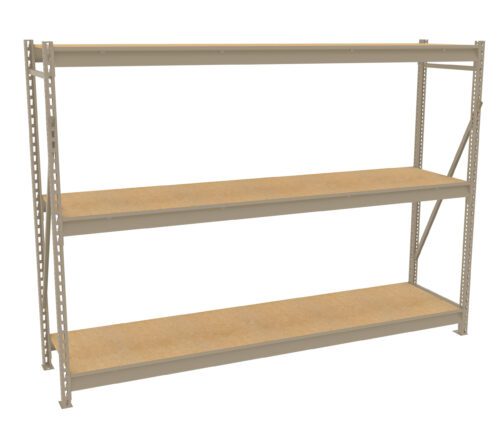 wor4i1d5drhdlql3auqz.jpg A beige metal storage shelf with three levels, featuring wooden planks as the shelf surfaces, shown against a white background. The structure is supported by metal beams with diagonal braces for stability.