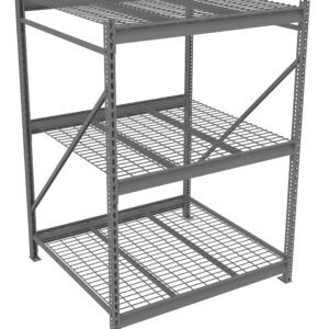 A gray, metal storage rack with three wire mesh shelves and a solid top. The frame is supported by vertical beams with cross-bracing for stability. Its designed for industrial or warehouse use.