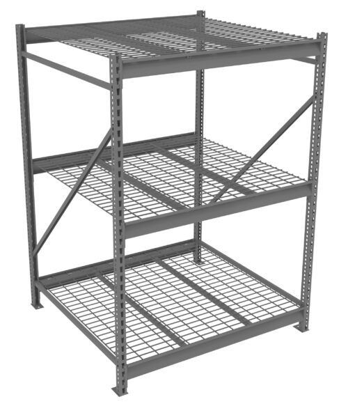 A gray, metal storage rack with three wire mesh shelves and a solid top. The frame is supported by vertical beams with cross-bracing for stability. Its designed for industrial or warehouse use.