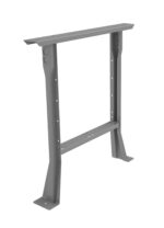 Gray metal table frame with two legs and a horizontal support beam, standing upright. The frame has holes for screws and a flat top surface for attaching tabletops. It is empty, with no tabletop attached.