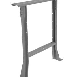 Gray metal table frame with two legs and a horizontal support beam, standing upright. The frame has holes for screws and a flat top surface for attaching tabletops. It is empty, with no tabletop attached.