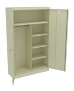 A beige metal storage cabinet with open doors, revealing a hanging rod on the left and five adjustable shelves on the right. The cabinet has a handle on the left door.