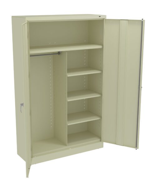 A beige metal storage cabinet with open doors, revealing a hanging rod on the left and five adjustable shelves on the right. The cabinet has a handle on the left door.