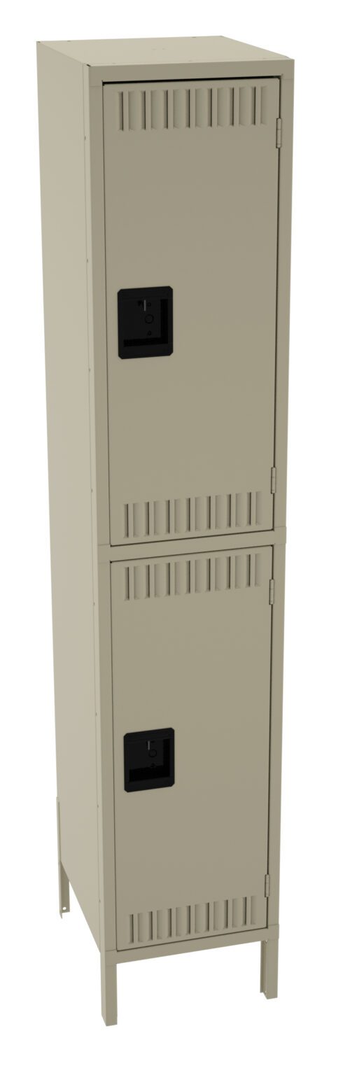 A tall, beige metal locker with two compartments and black latches, standing on short legs. It has ventilation slits on each door and a minimalist design.