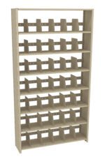 A beige, seven-tiered shelving unit with vertical dividers on each shelf. The unit is designed for organizing books or files, providing multiple slots for storage. It stands against a plain white background.