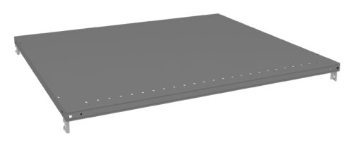 wqbskcsem2pf5qre0xus.jpg A gray, flat, rectangular metal shelf with perforated edges. It has brackets on the corners, suggesting its designed for adjustable shelving systems. The surface is smooth and uniform.