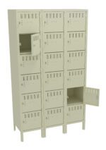 A beige metal locker unit with three columns and five rows, featuring multiple small compartments. Some doors are ajar, revealing the empty storage space inside. Each door has small ventilation slits and a hasp for securing with a lock.