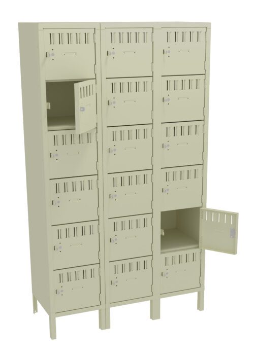 A beige metal locker unit with three columns and five rows, featuring multiple small compartments. Some doors are ajar, revealing the empty storage space inside. Each door has small ventilation slits and a hasp for securing with a lock.