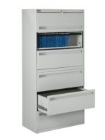 A tall, gray filing cabinet with five drawers. The top drawer is open, revealing blue file folders, while the bottom drawer is partially open, showing empty space. The cabinet has a lock on the top drawer.