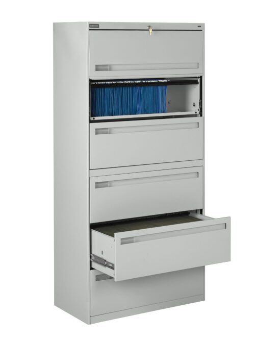 A tall, gray filing cabinet with five drawers. The top drawer is open, revealing blue file folders, while the bottom drawer is partially open, showing empty space. The cabinet has a lock on the top drawer.