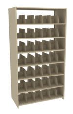 A beige, five-shelf metal storage unit with multiple angled compartments on each shelf, designed for organizing items efficiently. The shelves have dividers creating individual slots for storage.