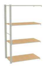 Metal storage rack with four wooden shelves. The frame is light gray with perforated supports, and the shelves are evenly spaced. The design is simple and industrial, suitable for organizing items in a garage or warehouse.
