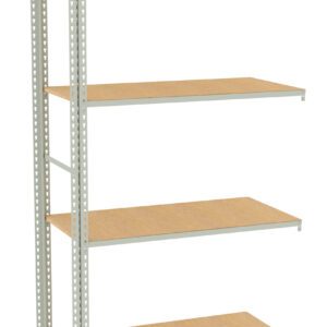 Metal storage rack with four wooden shelves. The frame is light gray with perforated supports, and the shelves are evenly spaced. The design is simple and industrial, suitable for organizing items in a garage or warehouse.