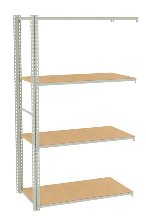 Metal storage rack with four wooden shelves. The frame is light gray with perforated supports, and the shelves are evenly spaced. The design is simple and industrial, suitable for organizing items in a garage or warehouse.