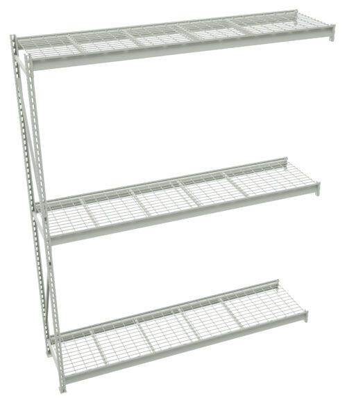 A freestanding metal shelving unit with three wire shelves. The unit is gray and features an open, minimalistic design. The shelves are evenly spaced, supported by vertical slotted metal frames on the left side.