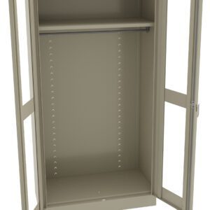 Open beige metal cabinet with two doors, featuring an adjustable shelf at the top and a large empty space below. The doors have narrow transparent panels. The interior has multiple peg holes along the sides for shelf adjustment.
