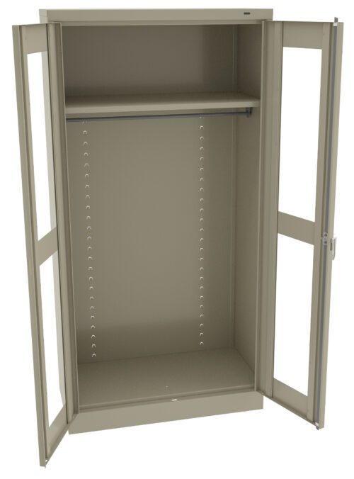 wqta1tbebcmpls08q8lr.jpg Open beige metal cabinet with two doors, featuring an adjustable shelf at the top and a large empty space below. The doors have narrow transparent panels. The interior has multiple peg holes along the sides for shelf adjustment.