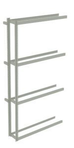 Metal shelving frame with four horizontal shelves and two vertical supports. The frame is designed for storage but lacks panels or bins, appearing open and unfinished. The metal is light gray with small holes for adjustable shelving.
