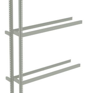 Metal shelving frame with four horizontal shelves and two vertical supports. The frame is designed for storage but lacks panels or bins, appearing open and unfinished. The metal is light gray with small holes for adjustable shelving.