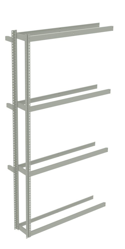 Metal shelving frame with four horizontal shelves and two vertical supports. The frame is designed for storage but lacks panels or bins, appearing open and unfinished. The metal is light gray with small holes for adjustable shelving.