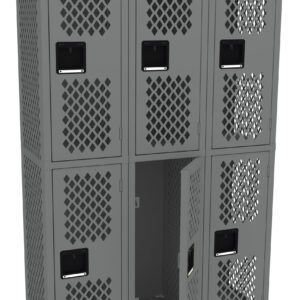 A gray metal locker unit with two rows of three compartments each. The lockers feature a diamond pattern ventilation design. One locker door in the bottom row is slightly open, revealing the empty interior.