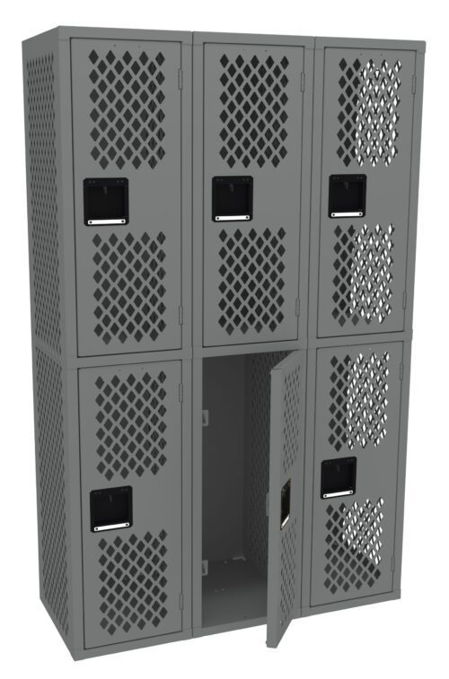 A gray metal locker unit with two rows of three compartments each. The lockers feature a diamond pattern ventilation design. One locker door in the bottom row is slightly open, revealing the empty interior.