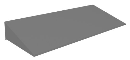 A gray, rectangular awning with a slanted surface, extending outwards to provide shade or shelter. The design is simple and modern, with a smooth texture and sharp edges.