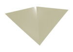 A plain, light beige paper airplane viewed from above, showing its symmetrical, triangular shape and subtle folds.