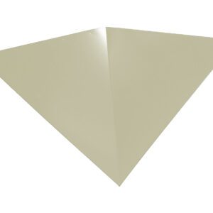 A plain, light beige paper airplane viewed from above, showing its symmetrical, triangular shape and subtle folds.