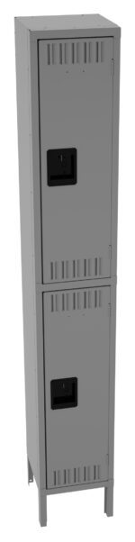 Gray metal locker with two doors, one above the other, featuring black handles and ventilation slots. The locker stands on four legs and is designed for storage.