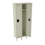 A beige metal locker with two doors, one slightly open revealing a shelf and a hanging rod inside. The locker stands on four legs and has rectangular vents on the doors for ventilation.