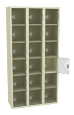 A beige locker unit with three vertical columns and four shelves each, totaling twelve compartments. One compartment on the right side is open, revealing the interior. The locker has transparent doors with small latch handles.