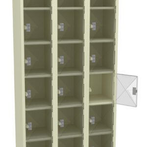 A beige locker unit with three vertical columns and four shelves each, totaling twelve compartments. One compartment on the right side is open, revealing the interior. The locker has transparent doors with small latch handles.