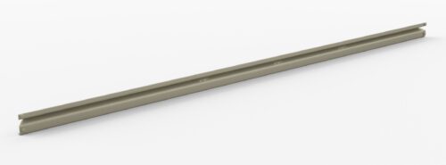 A long, horizontal metal strip is shown against a plain white background. The strip has a narrow profile with grooves running along its length, suggesting it may be a type of rail or bracket.