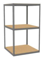 A metal storage shelf unit with three wooden shelves. The frame is grey and rectangular, with the shelves evenly spaced. The design is simple and sturdy, suitable for storage purposes.
