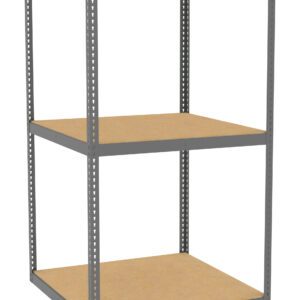 A metal storage shelf unit with three wooden shelves. The frame is grey and rectangular, with the shelves evenly spaced. The design is simple and sturdy, suitable for storage purposes.
