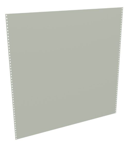 A large blank sheet of gray-green continuous form paper with evenly spaced sprocket holes along the sides, used in dot matrix or line printers. The paper is slightly curved, appearing to float against a white background.