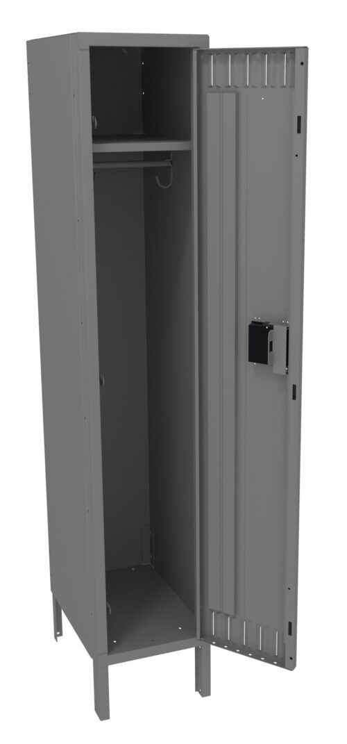 A tall, gray metal locker with an open door. Inside, theres a shelf near the top and a hanging rod below it. The locker stands on short legs, and the exterior is plain with a basic locking mechanism on the door.