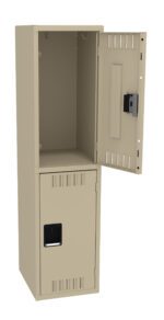 Beige metal locker with two compartments. The top compartment door is open, revealing an empty interior with a coat hook. The bottom compartment has a closed door. Both compartments feature rectangular ventilation slots.