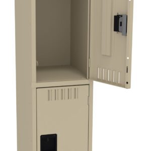 Beige metal locker with two compartments. The top compartment door is open, revealing an empty interior with a coat hook. The bottom compartment has a closed door. Both compartments feature rectangular ventilation slots.