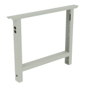 A metal frame with a rectangular shape, featuring vertical and horizontal beams. The frame is light gray and has several small circular holes on its sides, suggesting it is part of a support or stand structure.