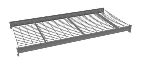 A gray metal grate with a rectangular shape and a grid pattern, supported by a solid frame.
