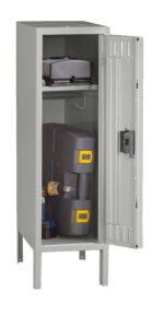 A gray metal storage cabinet with one door open. Inside, there are two shelves: the top shelf holds a black toolbox and the bottom shelf contains a black and yellow equipment case and a cordless drill.