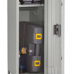 A gray metal storage cabinet with one door open. Inside, there are two shelves: the top shelf holds a black toolbox and the bottom shelf contains a black and yellow equipment case and a cordless drill.