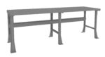 A gray, industrial workbench with a flat rectangular surface and sturdy metal legs, featuring cross-support bars for stability.