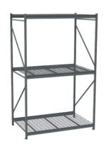 A gray metal shelving unit with two adjustable shelves. The shelves have a mesh design, and the frame consists of vertical and diagonal support bars. The unit is empty and set against a white background.